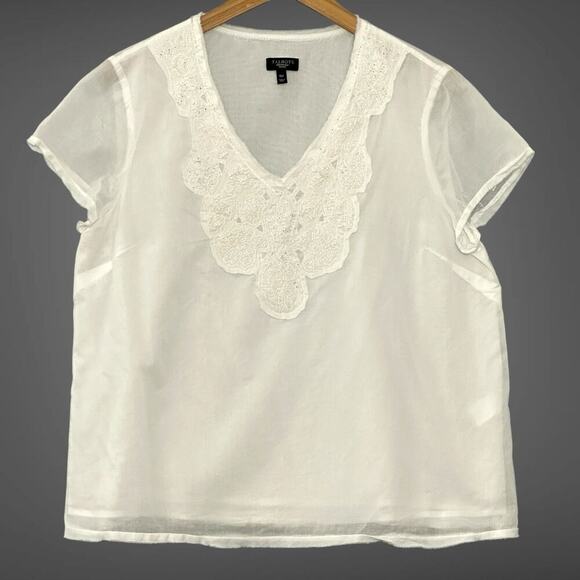 Talbots Womens Top 16P White Gauzy Cotton Sheer Beaded Embroidered Classic Beach - Picture 1 of 13